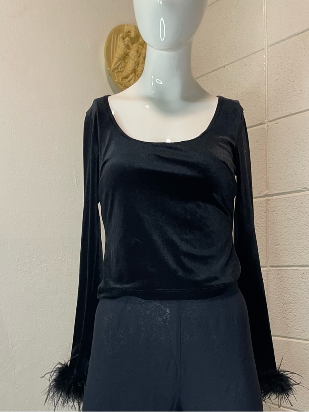 Women's Black Velvet Long-Sleeve Top with Feather Trim